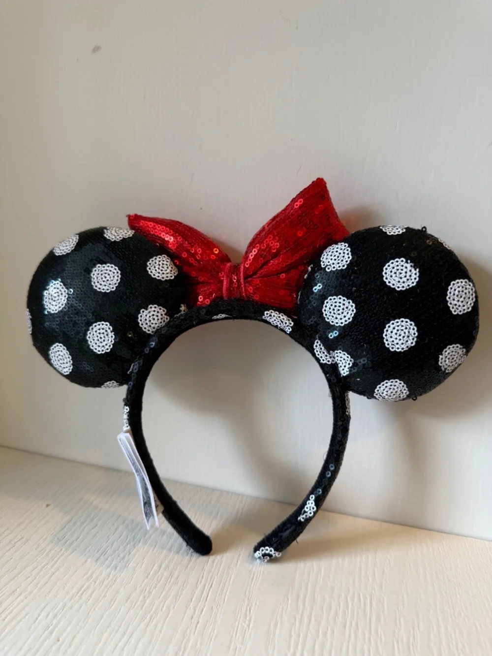 Disney Parks Minnie Mouse Sequin Ears Red Bow Polka Dot Headband